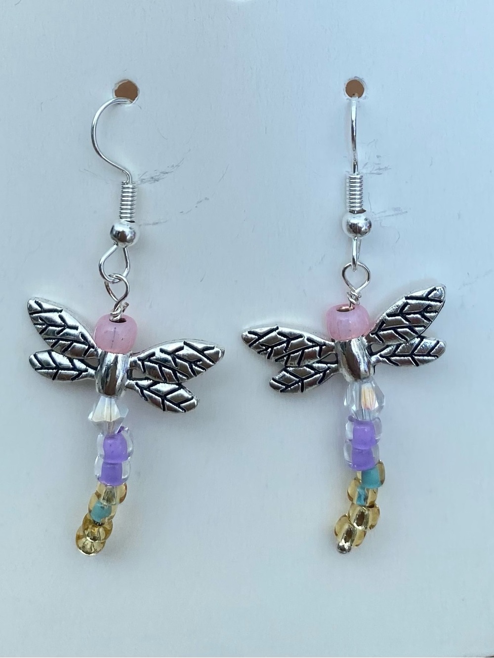 Silver Dragonfly Bead Dangle Earrings in Pink and Multi